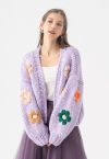 Cardigan épais tricoté à la main Stitch Flowers en lilas