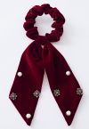 Chouchou velours Bowknot Pearl Diamond en bordeaux