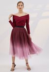 Jupe mi-longue scintillante festive en tulle ombré en bordeaux