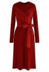 Robe en Tricot Côtelé à Nœud en Maille à Nouer en Rouge