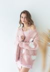 Cardigan en tricot doux et pelucheux à cœur contrastant nacré en rose