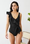 Maillot de bain à bretelles tressées et bordure à volants en noir