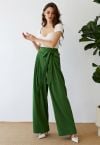 Pantalon large taille haute Bowknot en vert foncé