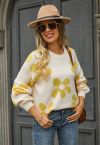 Pull en tricot à col rond et à fleurs mignonnes en crème