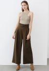 Pantalon large plissé taille haute froncé en marron