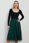 Jupe mi-longue en tulle et tulle flocon de neige en velours, vert foncé