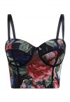 Haut court bustier en maille florale en noir