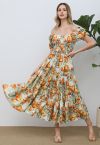 Robe midi vibrante à manches bulles et tulipes en orange