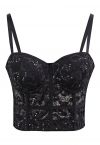 Top court bustier en dentelle à paillettes en noir