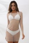 Robe cache-maillot en maille transparente ornée de perles en blanc