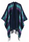 Poncho classique à ourlet frangé en tartan bleu sarcelle