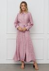 Robe longue boutonnée captivante en dentelle avec lien à la taille en rose