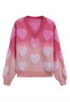 Pull en tricot à franges et cœur flou ombré en rose