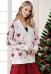 Cardigan boutonné à motif cœur en forme de diamant en blanc