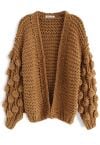 Cardigan épais manches pompon caramel