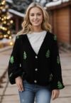 Cardigan boutonné à paillettes avec écusson d'arbre de Noël en noir