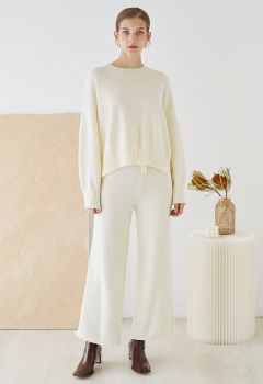 Ensemble chandail Hi-Lo en tricot gaufré et pantalon large en crème