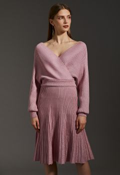 Ensemble haut cache-cœur côtelé scintillant et jupe plissée en tricot rose
