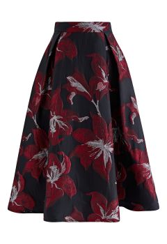 Jupe mi-longue en jacquard métallisé Lily Blossom en rouge