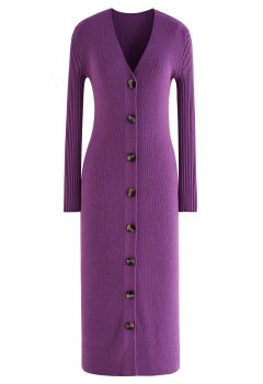 Robe mi-longue en maille boutonnée à col en V en violet