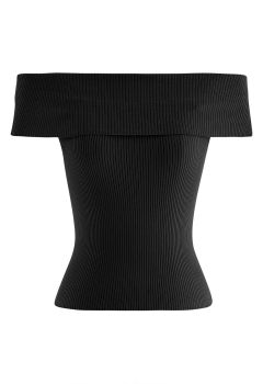 Haut en tricot côtelé à épaules dénudées pliées en noir