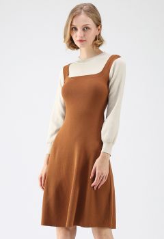 Fausse robe tricotée bicolore en imitation identité élégante au caramel