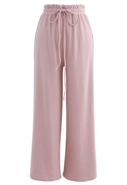 Pantalon de yoga côtelé à taille sac en papier avec cordon de serrage en rose