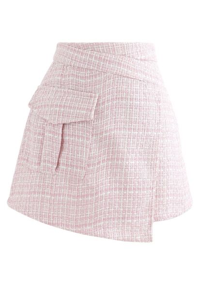 Mini jupe asymétrique en tweed rose