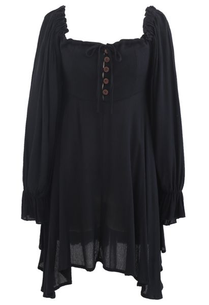 Mini robe asymétrique boutonnée à col carré en noir