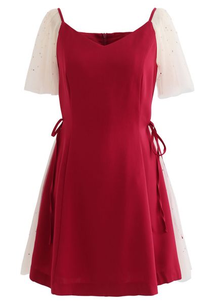 Robe patineuse à encolure en cœur en tulle à sequins en rouge