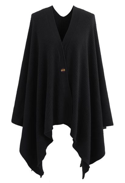 Cape poncho boutonnée en tricot côtelé en noir