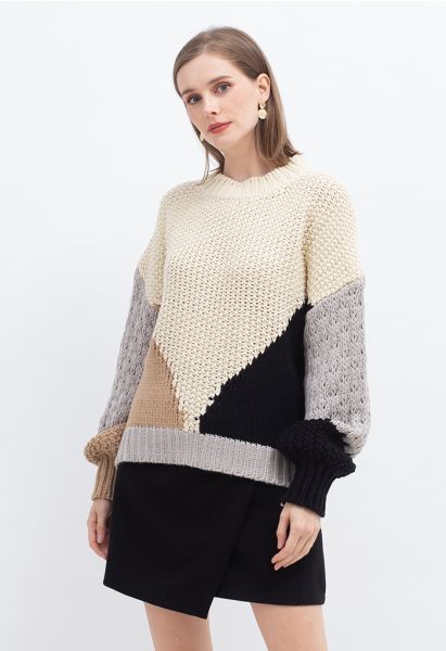 Pull épais tricoté à la main avec blocs de couleurs en fauve clair