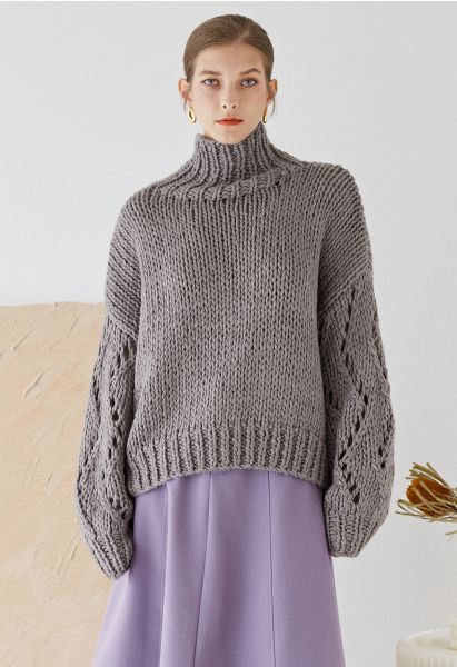 Pull tricoté à la main à manches pointelle et col haut en violet poussiéreux