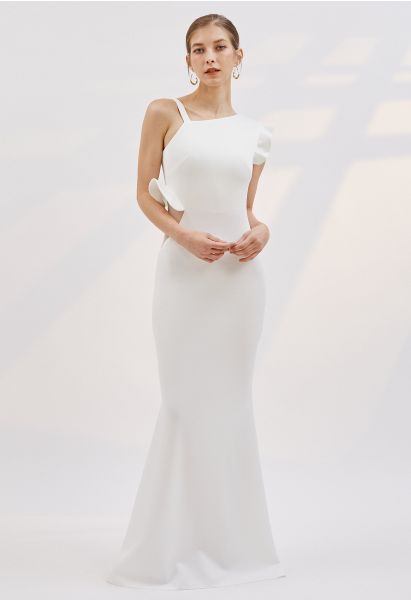 Robe Sirène Volantée à Bretelles Asymétriques en Blanc