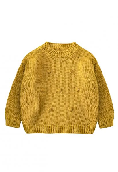 Pull tricoté à la main à pompons en moutarde pour enfants