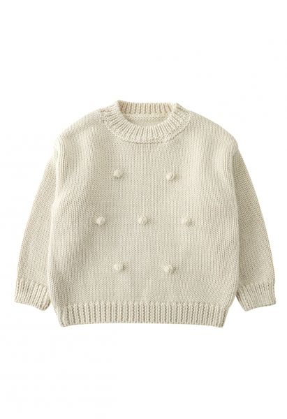 Pull tricoté à la main à pompons en crème pour enfants