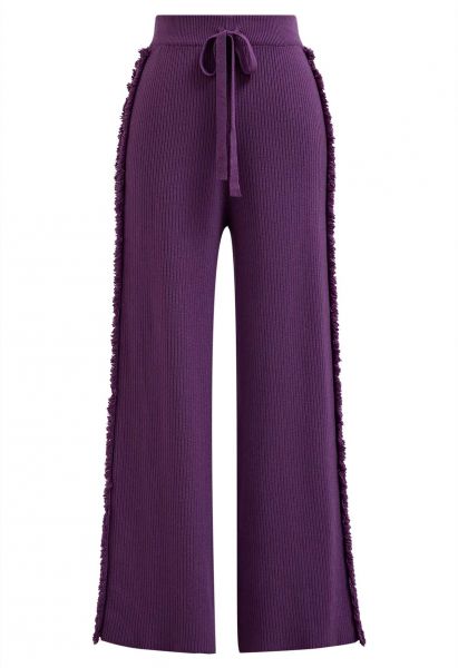 Pantalon en tricot à jambe droite avec bordure à pampilles latérales en violet