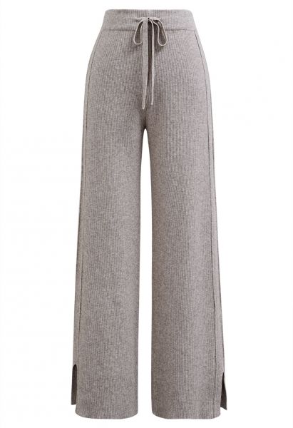 Pantalon en tricot à fente latérale avec cordon de serrage à la taille, taupe