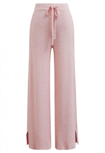Pantalon en tricot à fente latérale avec cordon de serrage à la taille en rose