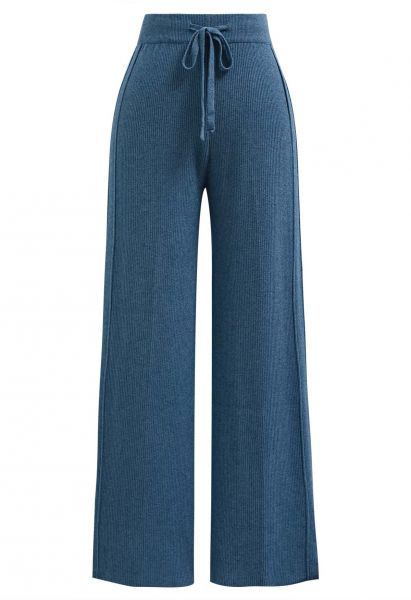 Pantalon en tricot à fente latérale avec cordon de serrage à la taille, bleu sarcelle