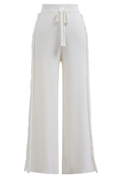 Pantalon en tricot à jambe droite avec bordure à pampilles latérales, blanc