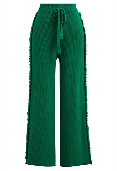 Pantalon en tricot à jambe droite avec bordure à pampilles latérales en vert