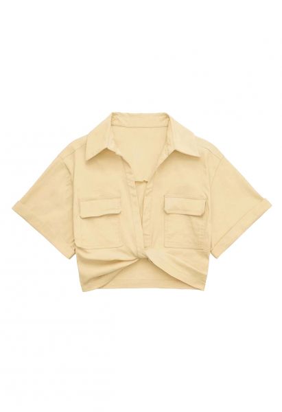 Chemise courte avec poche à rabat et lien à nouer en jaune clair