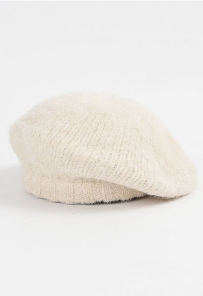 Chapeau Béret Fuzzy en Laine Mélangée en Crème