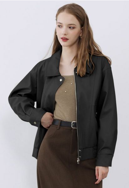 Veste en simili cuir avec fausse poche à rabat en noir