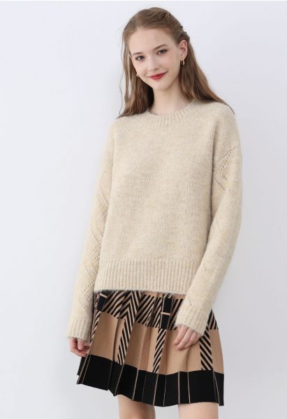 Jupe en tricot plissée à rayures color block, beige