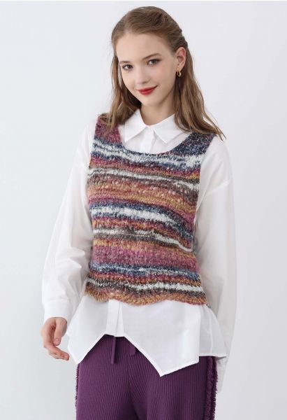 Gilet en tricot ajouré à rayures multicolores en violet