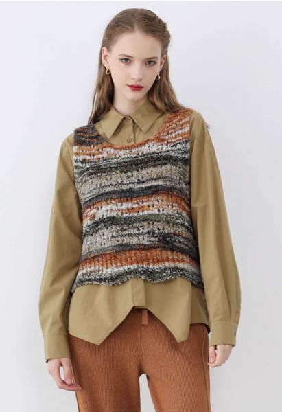 Gilet en tricot ajouré à rayures multicolores en chameau