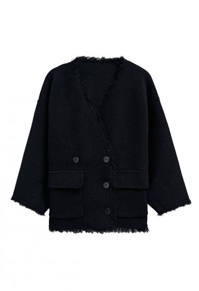 Manteau boutonné sans col à bords frangés en noir
