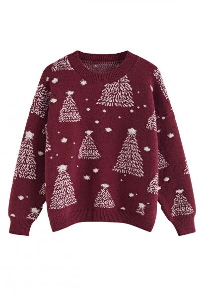 Pull en tricot jacquard à motif sapin de Noël en bordeaux